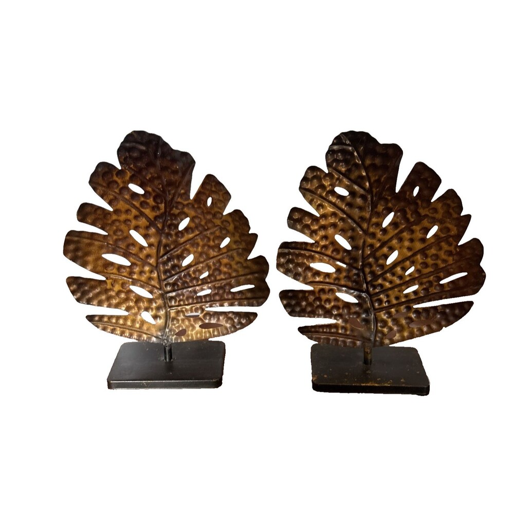 2 Metal Monstera Leaf Decorative Sculptures Hammered Bronze Finish Free Standing